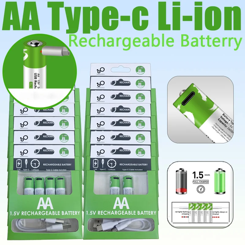 1.5V AA 2600mWh USB Rechargeable Lithium Ion Battery - High Capacity Fast Charging Long Lasting for Toy Keyboard