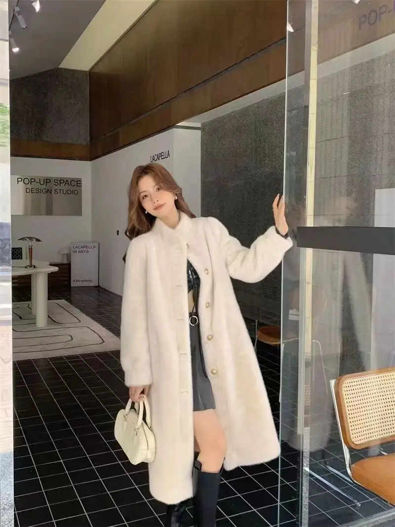 Faux Fur Elegant Coats Womens Golden Round Neck Festival Wife Fashionable Brown Streetwear Pockets Flare Waist Drawstring Down