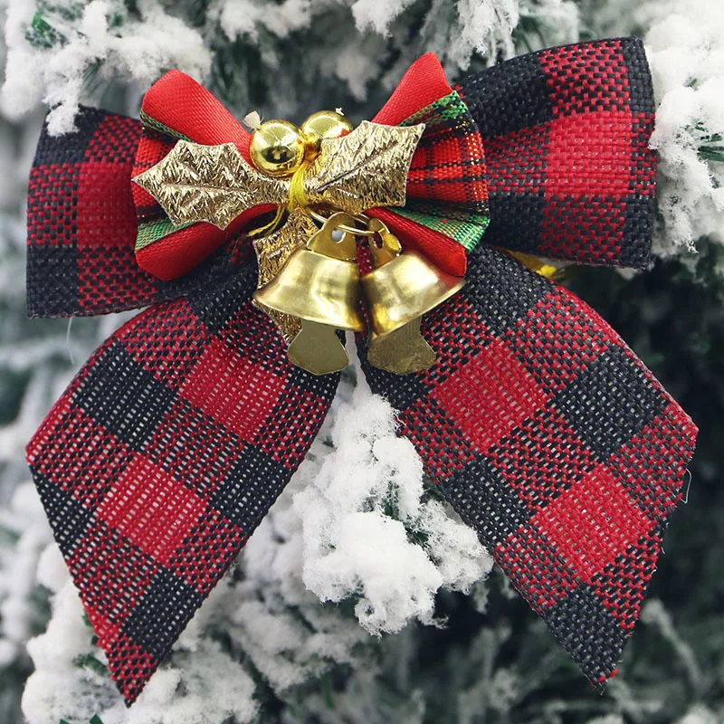 (5 개/갑) 8cm 체크 무늬 천 크리스마스 활 크리스마스 트리 벨 활 홈 헤어 액세서리 넥타이 장식 선물 포장 DIY 전화