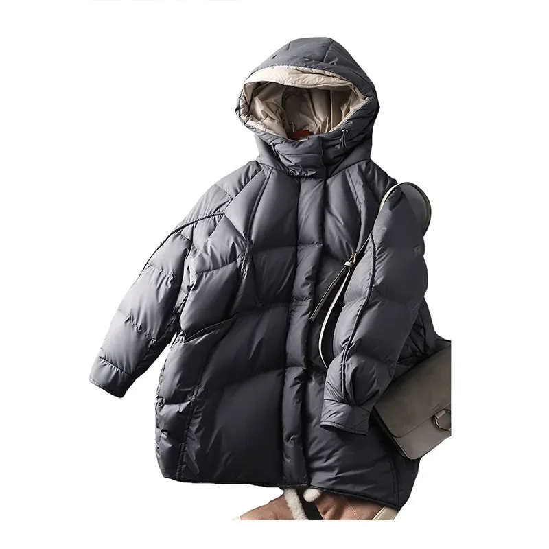 Cocoon Shape Double-sided-wear High-end Women\'s 90% White Duck Down Coat Hooded Medium and Long Down Jacket 2024 Winter New