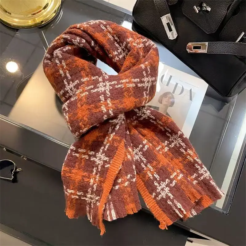 

New 100% Australian Wool Scarf Women Winter Fashion Grid Solid Color Knitted Scarf Windproof Thick Warm Neck Protection