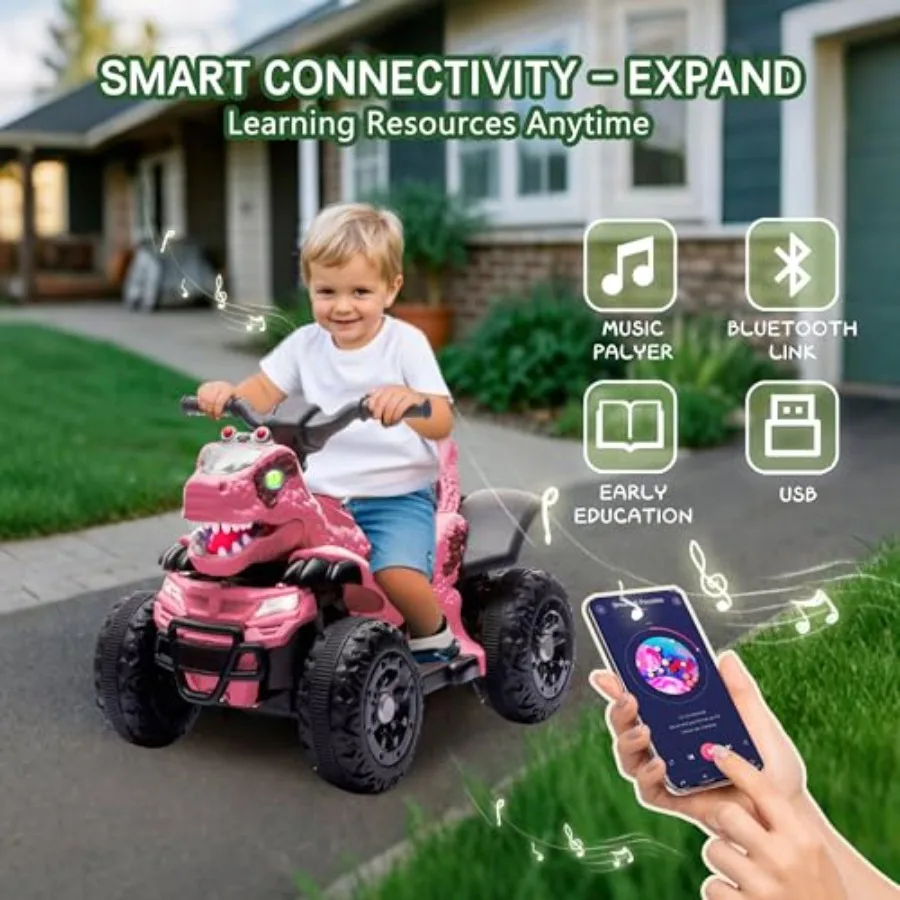 공룡 전동 ATV 4륜차 어린이용, 12V 전동 자동차 음악, 블루투스 및 LED 조명 포함, 3세 이상 생일 선물