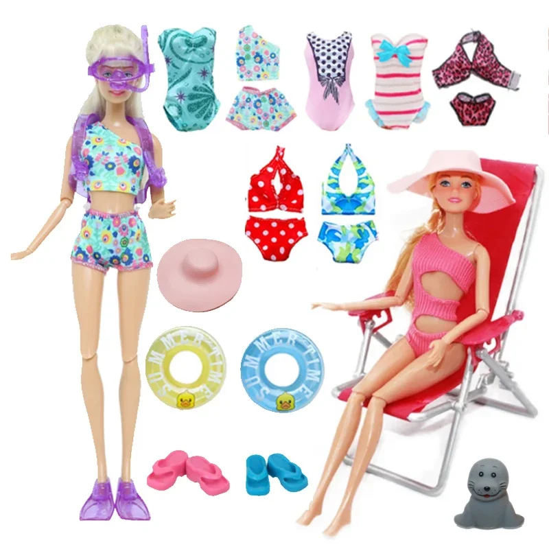 4Pcs Set Funny Clothes and Accessories Summer Swimwear for 30cm/11.5'' Dolls Bikini Diving Suit Swim Ring Sunhat Beach Chair