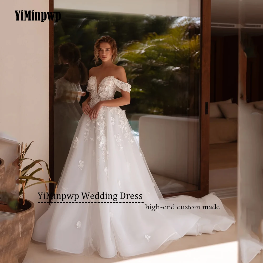 Fiori Abito da sposa 2025 Donne con spalle scoperte Scollo a V Applique Backless Abiti da sposa A-Line Tulle abiti da sposa Personalizzato