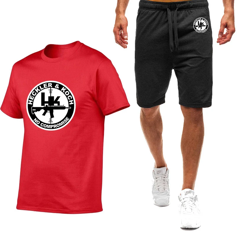 

2025 Summer Man's Heckler Koch Hk Logo Print Solid Color Simple Fashion Round Neck Shirt+Versatile Sports Short Pants Suits