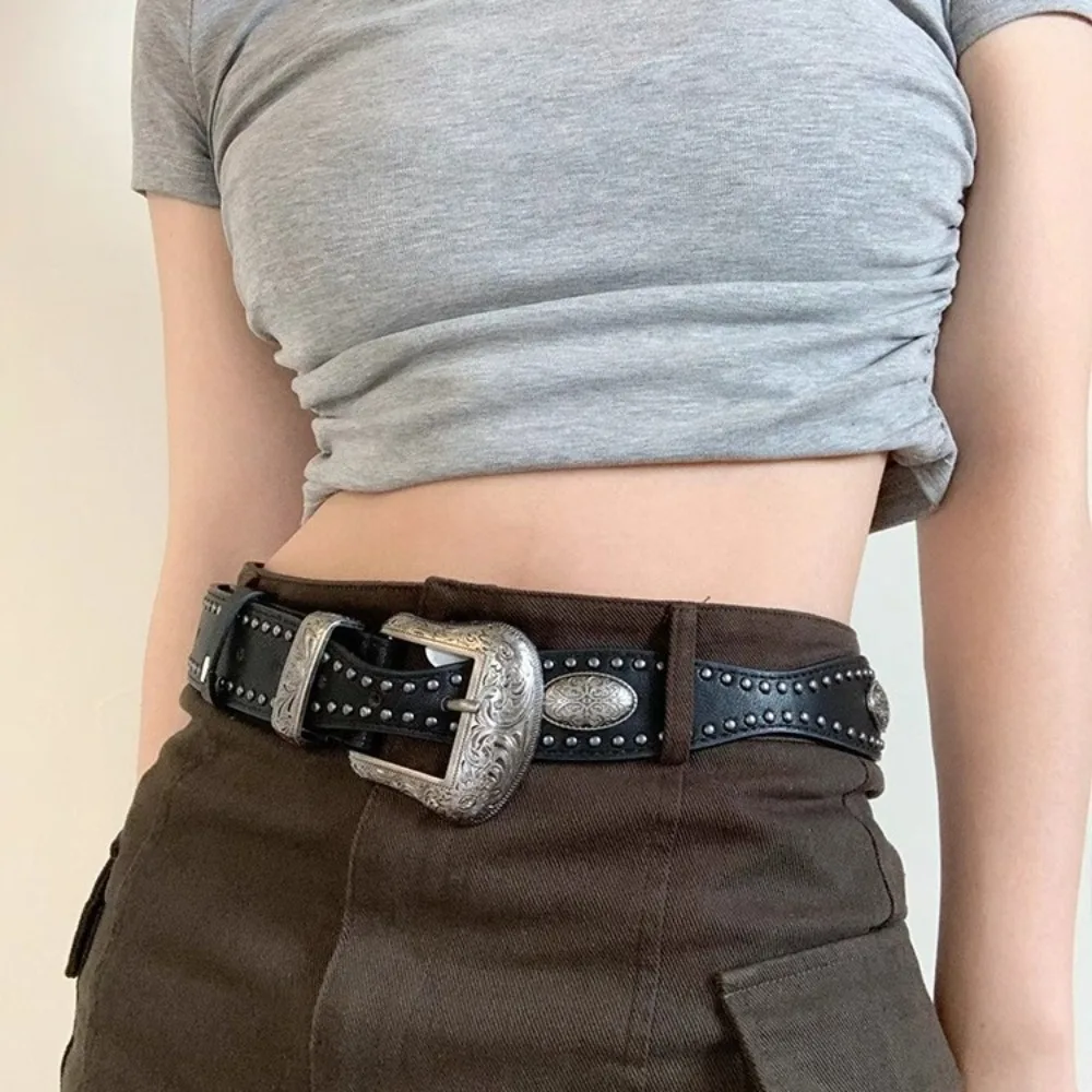 

Универсальный стильный черный ремень с заклепками в американском стиле, регулируемый, из искусственной кожи, винтажный, широкий, с пряжкой из сплава, цвет кофе, в стиле Y2K, аксессуар для одежды