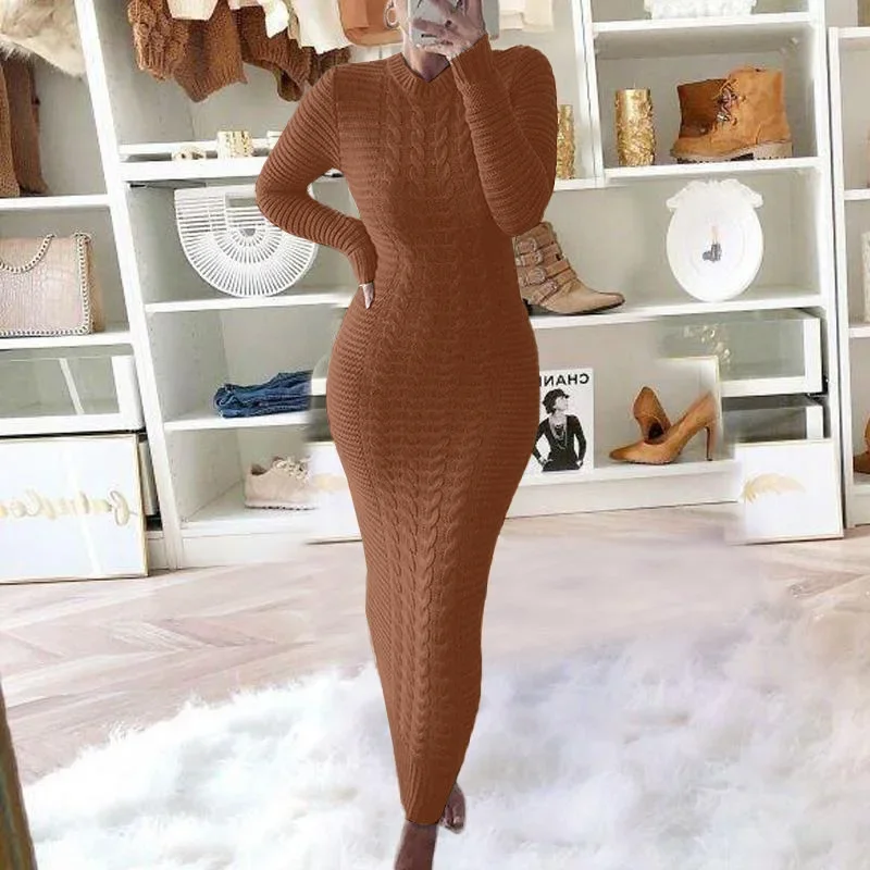 Fashion Twist Flower Round Neck Knitted Sweater Dress,Women\'s Autumn and Winter Solid Color Pullover Long-sleeved Dress,vestidos