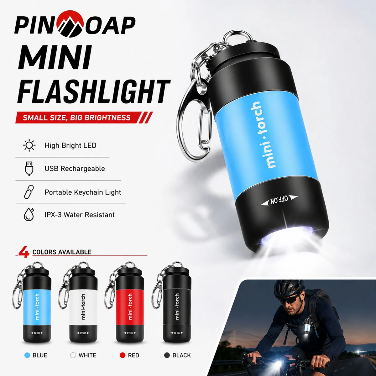 PINMOAP 1P Mini LED Flashlight Portable Pocket Torch Rechargeable Keychain Light Small Emergency Lamp For Camping Hiking Outdoor