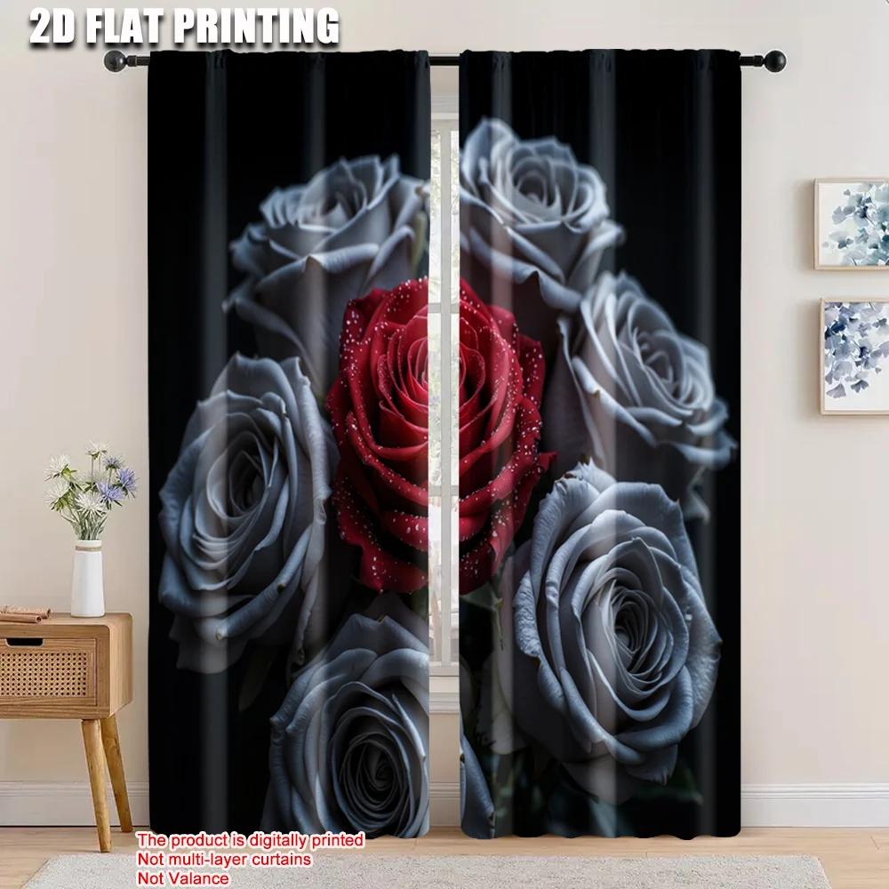 

2pcs, 2D flat printing Window Drapes red and white roses Durable 100% Polyester Fabric,Without Electricity Family Party