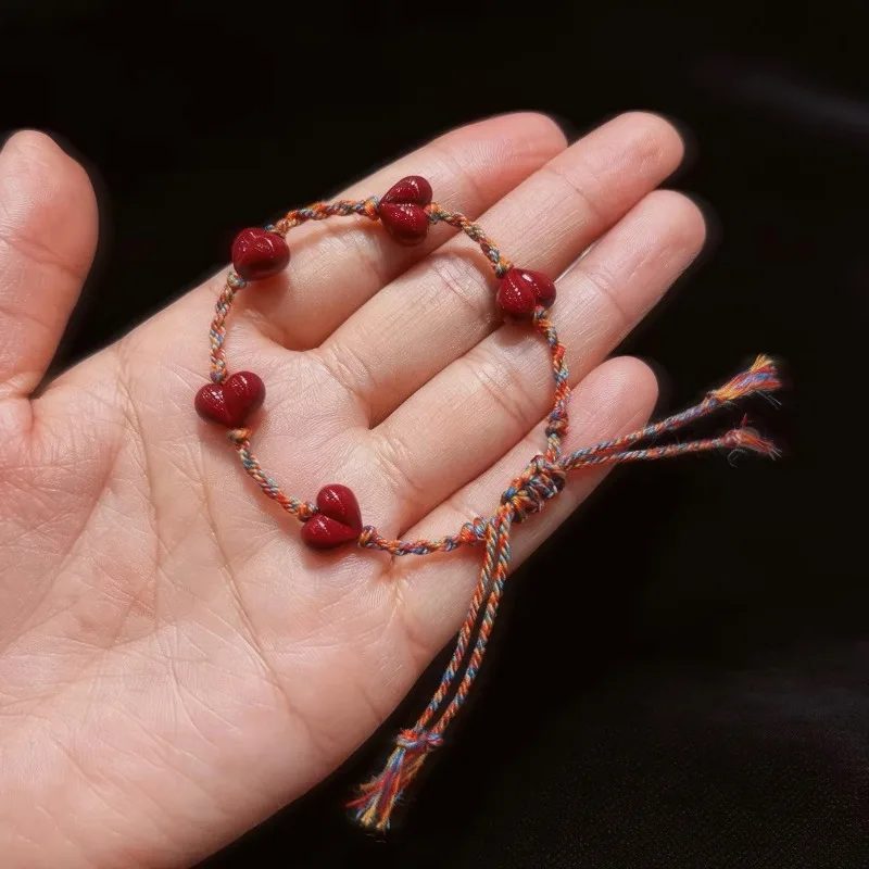 Purple Cinnabar Heart Peach Bead Bracelet, Hand Braided Colorful Rope Adjustable Lucky Charm Wristband Jewelry Gift for Women