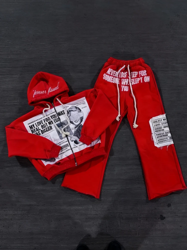 하이 스트리트 트렌디 스트리트 팬츠 자수 후드 디자인 센스 다크 시리즈 루즈 캐주얼 바지 남성과 여성의 후드 y2k