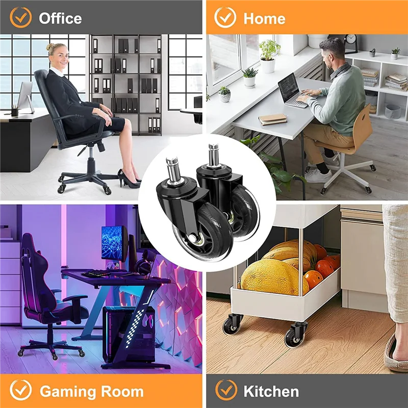 Rodas para cadeiras de escritório com haste de 10 mm, compatíveis com cadeiras de marca, rodízios de cadeira de borracha de substituição de 3/8 polegadas, conjunto de 5