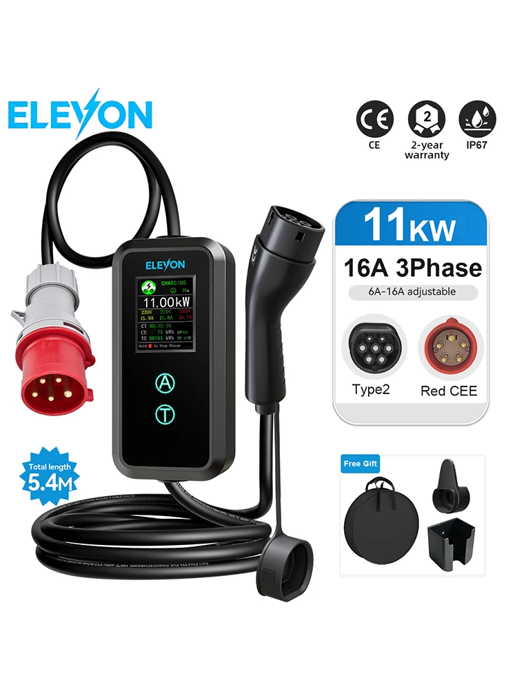 ELEVON Tragbares EV-Ladegerät Typ2 11 kW Elektrofahrzeug-Ladegerät 16A Dreiphasen-Ladestation für Elektrofahrzeuge 6A-16A Stromstärke