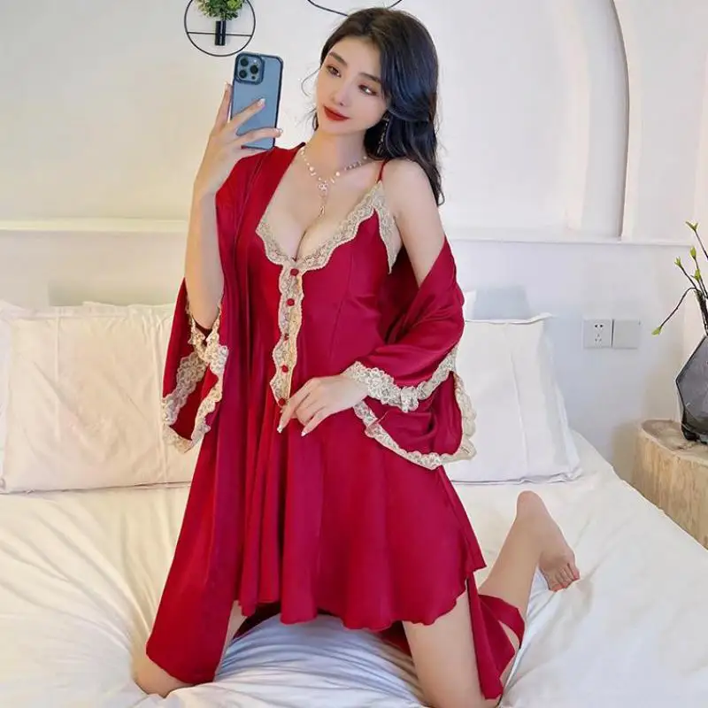 Sexy Kimono Robe Nightwear Summer Lace Sleepwear Nightgown Intimate Lingerie Female Sleep Set Loungewear Home Dressing Gown