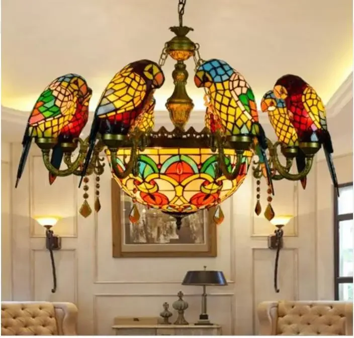 Stained Glass Pendant Lamp Luxury Crystal Art Glass Birds Pendant Lights Living Room Lamps Parrot Retro Pendant Light