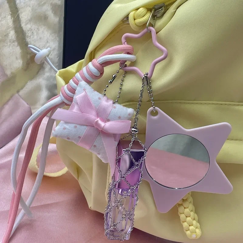 10PCS Popular Ins Creative Fashion Sweet and Exquisite Star Mirror Lipstick Mesh Bag Weaving Rope DIY Keychain