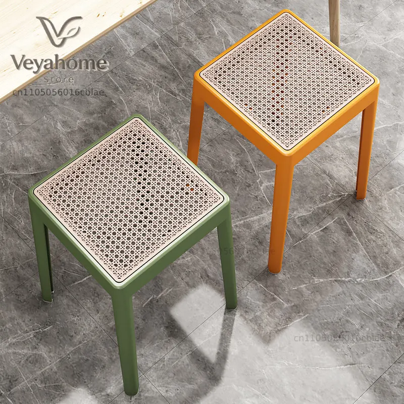 Simple imitation rattan woven household square stool plastic thickened stackable living room dining table high bench