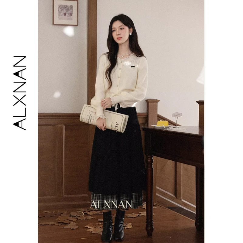 ALXNAN Vintage Plaid Patchwork Skirt Women Autumn High-waist Black Long Skirts 2026 Elastic Waist Elegant Female Skirt L57227-1