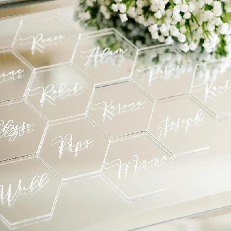 20pcs Clear Acrylic Hexagon Blank Place Cards Laser Cut Sheet Place Plain Tiles Wedding Decoration For Table Numbers Guest Name