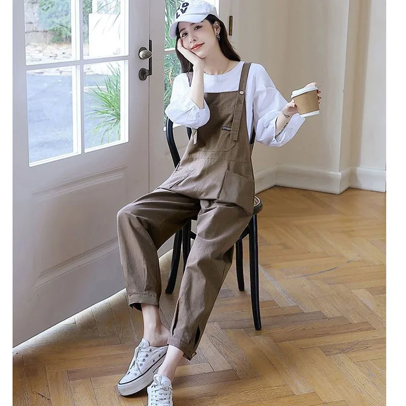 Womens Sleeveless Dungarees Rompers Korean Solid Cotton Jumpsuit Loose Shoulder Strap Pants Summer Casual Overalls Playsuits