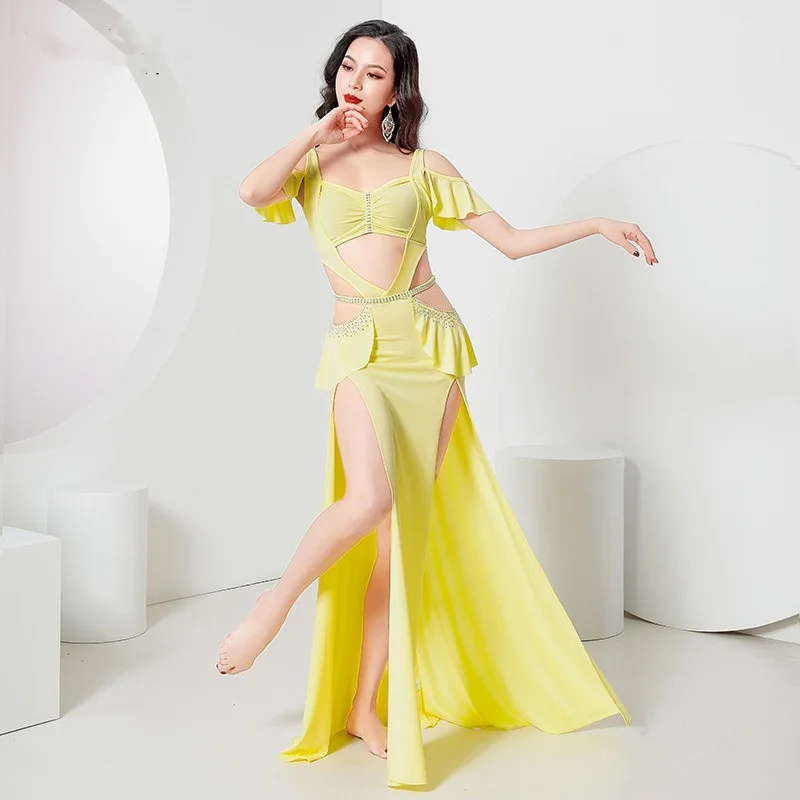 Belly Dance Costume 2 Piece Dress Women Set French Sexy Elegant Ruffle Sleeve Top Sexy Side Split Skirt Long Cream New