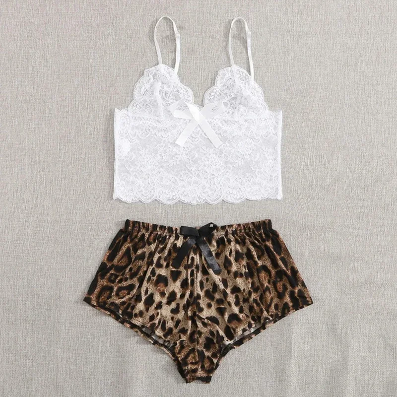 

Women Lace Transparent Tops Sleepwear Sleeveless Strap Nightwear Leopard Print Shorts Pajama Sets Sexy Lingerie Pyjamas
