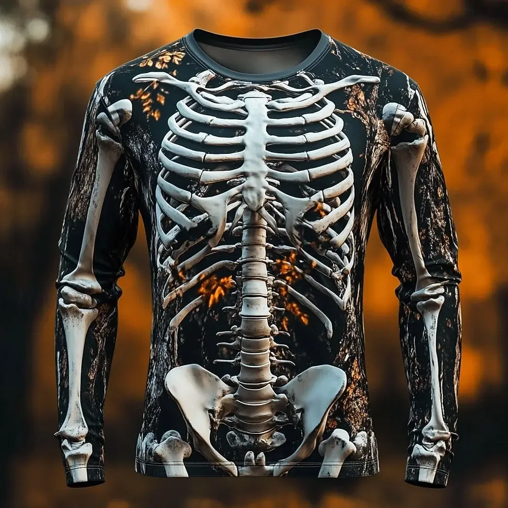 Herren-T-Shirt mit 3D-Skelett-Print, langärmelig, Halloween-Kostüm, T-Shirt mit menschlichen Knochenmotiven, lässiger Schnitt, Rundhalsausschnitt. – Detail 8
