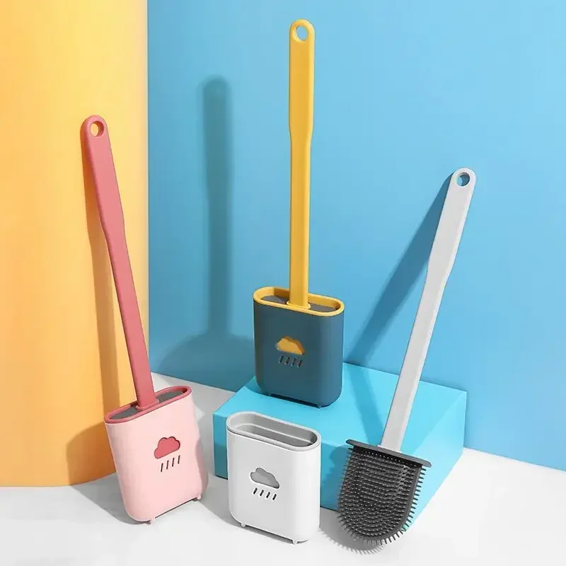 Silicone Toilet  Brush Wc Gap Brush with Holder Flat Head Soft Bristles Cleaning Brushes With Quick Drying Bracket Bathroom Tool