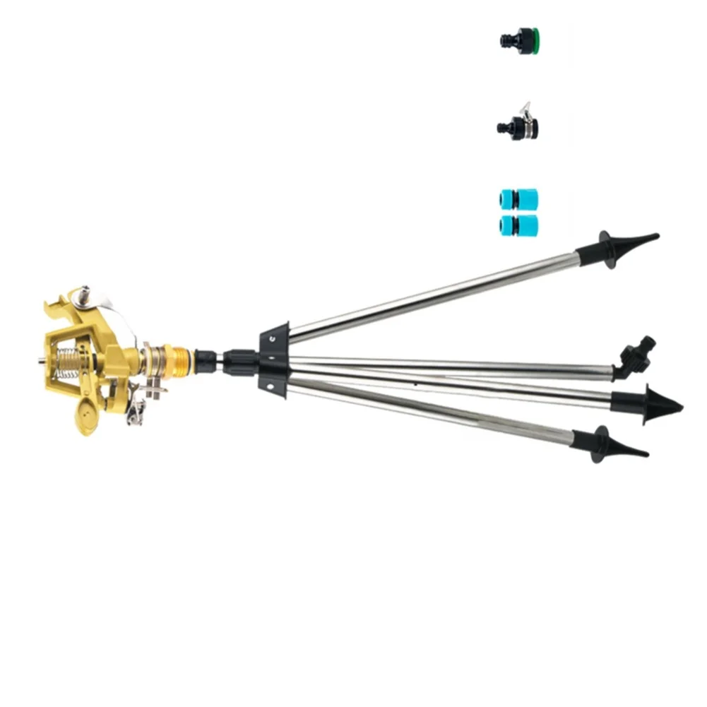 Full Rotation Tripod Sprinkler with Stable Three Point Base and Modular Spray Head for Reconfigurable Water Coverage Patterns