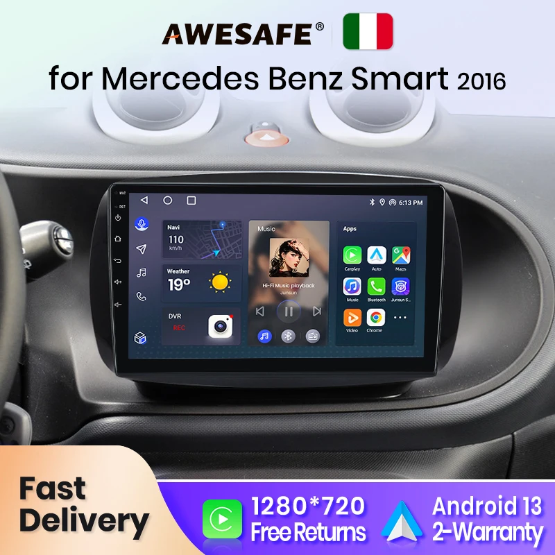 AWESAFE Wireless CarPlay for Apple Android 13 Auto Radio for Mercedes Benz Smart 2016 Multimedia Screen Stereo GPS RDS DSP