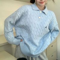 Women Vintage Streetwear Cute Embroidery Sweet Chic Twist Knitted Sweater Y2K Casual Solid Polo Collar Long Sleeve Pullover Tops
