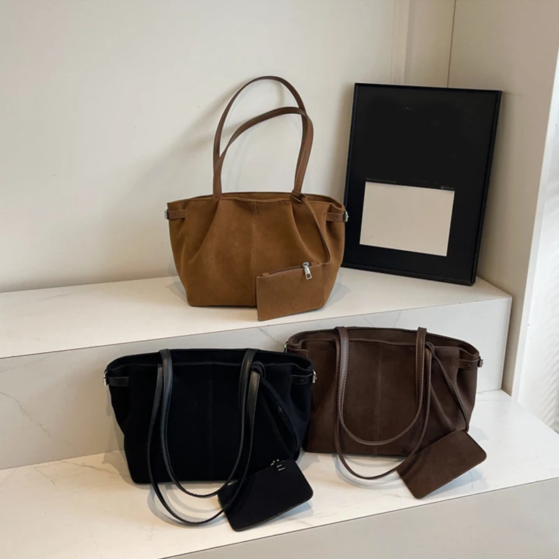 Sacs à bandoulière en daim pour femmes, grands fourre-tout légers sous les bras, sac à main de shopping décontracté, sacs seau de voyage de couleur unie