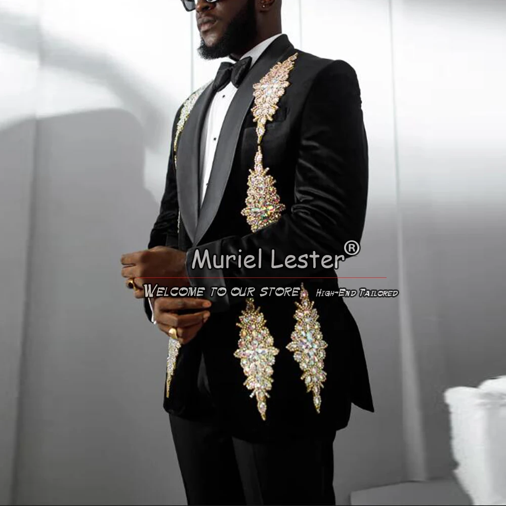 Luxury Metal Embellished Men Suits Beads PeakLapel Groom Wedding Tuxedos 2 Pieces Sets Male Prom Blazer Slim Fit Costume Homme