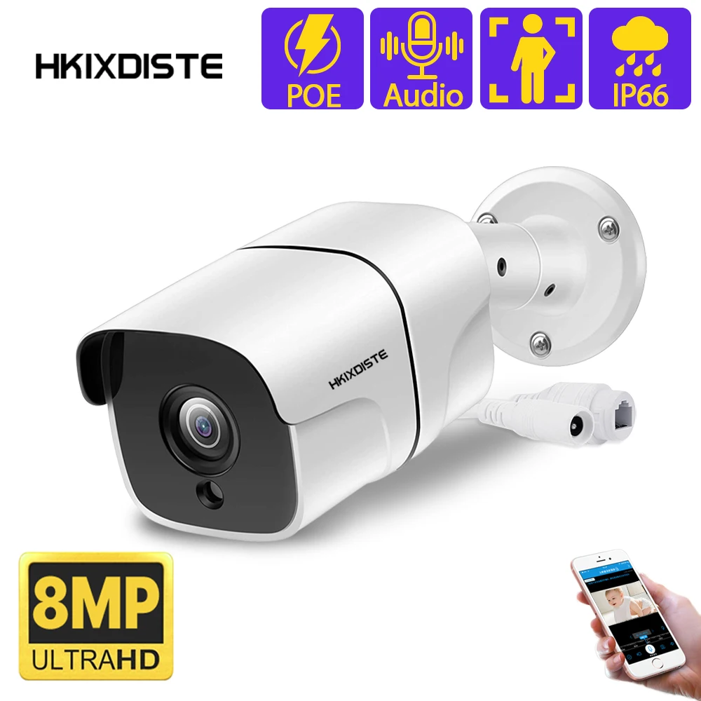 

4K H.265 8MP HD Outdoor IP Camera 48V POE Audio Email Alert IP66 Waterproof Video Surveillance IP Camera Infrare Night Vision