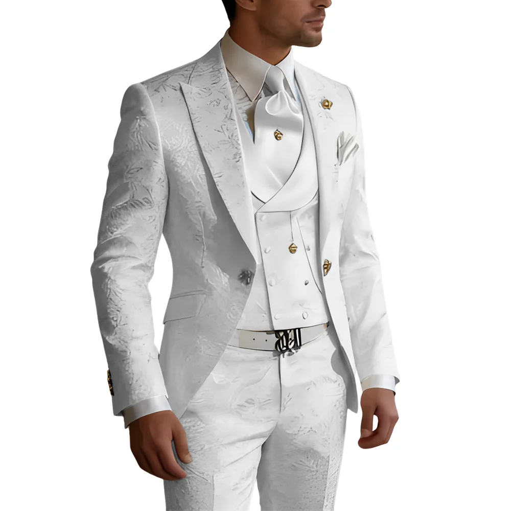 

Men's 3-Piece White Jacquard Suit — Wedding Tuxedo, Custom Groom's Attire, High-Quality Patterned Outfit