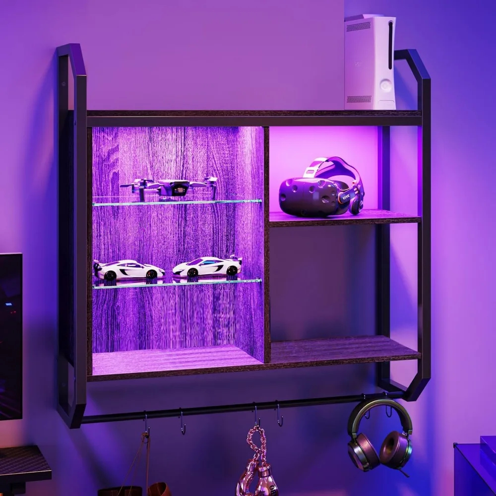 34" LED Wall Mounted Floating Shelf with Adjustable Glass, Industrial Pipe Design for Gaming Room Decor, Black