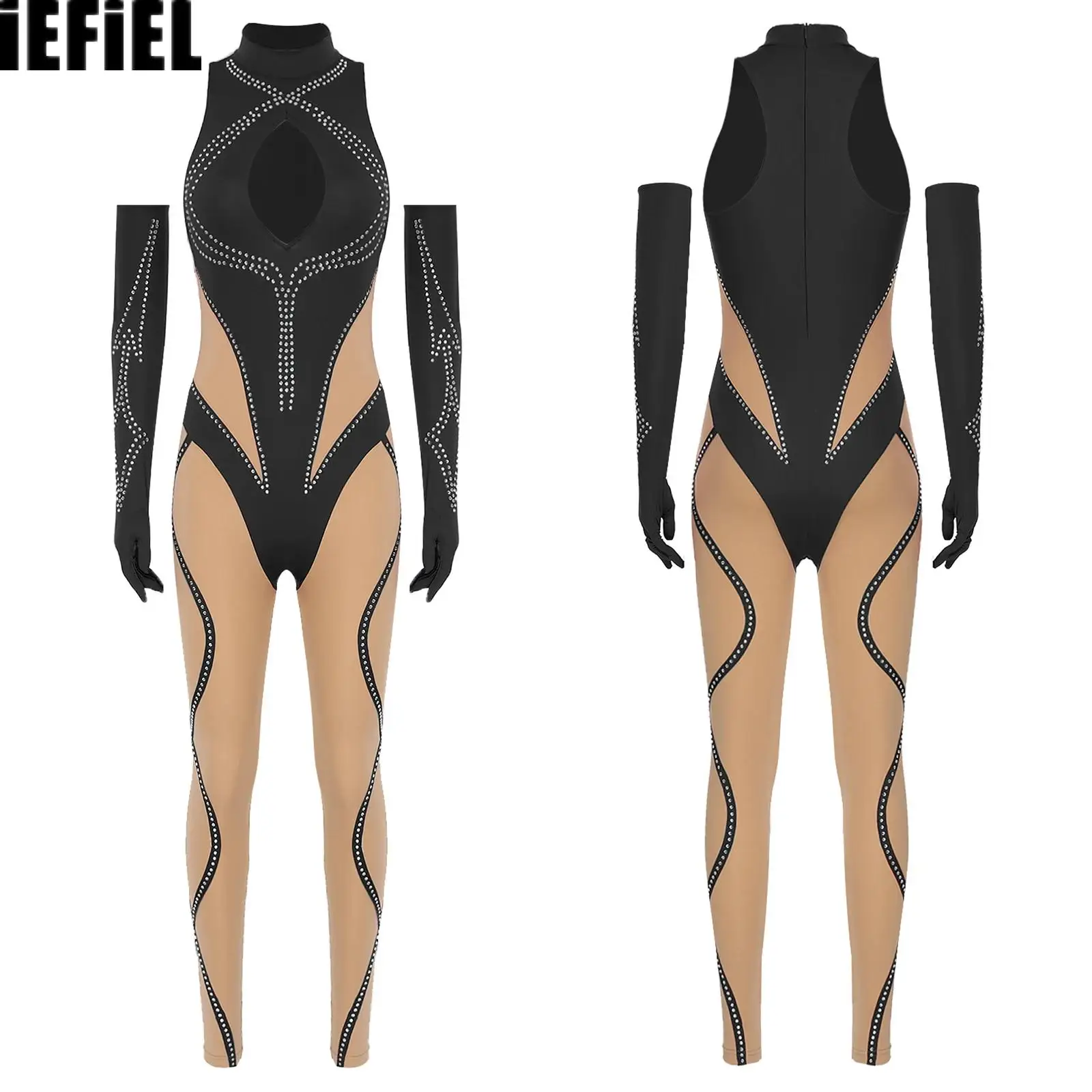 

Womens Figure Skating Rompers Gymnastics Glittery Jumpsuit And Full-finger Long Gloves Sleeveless Slim Bodysuit for Yoga