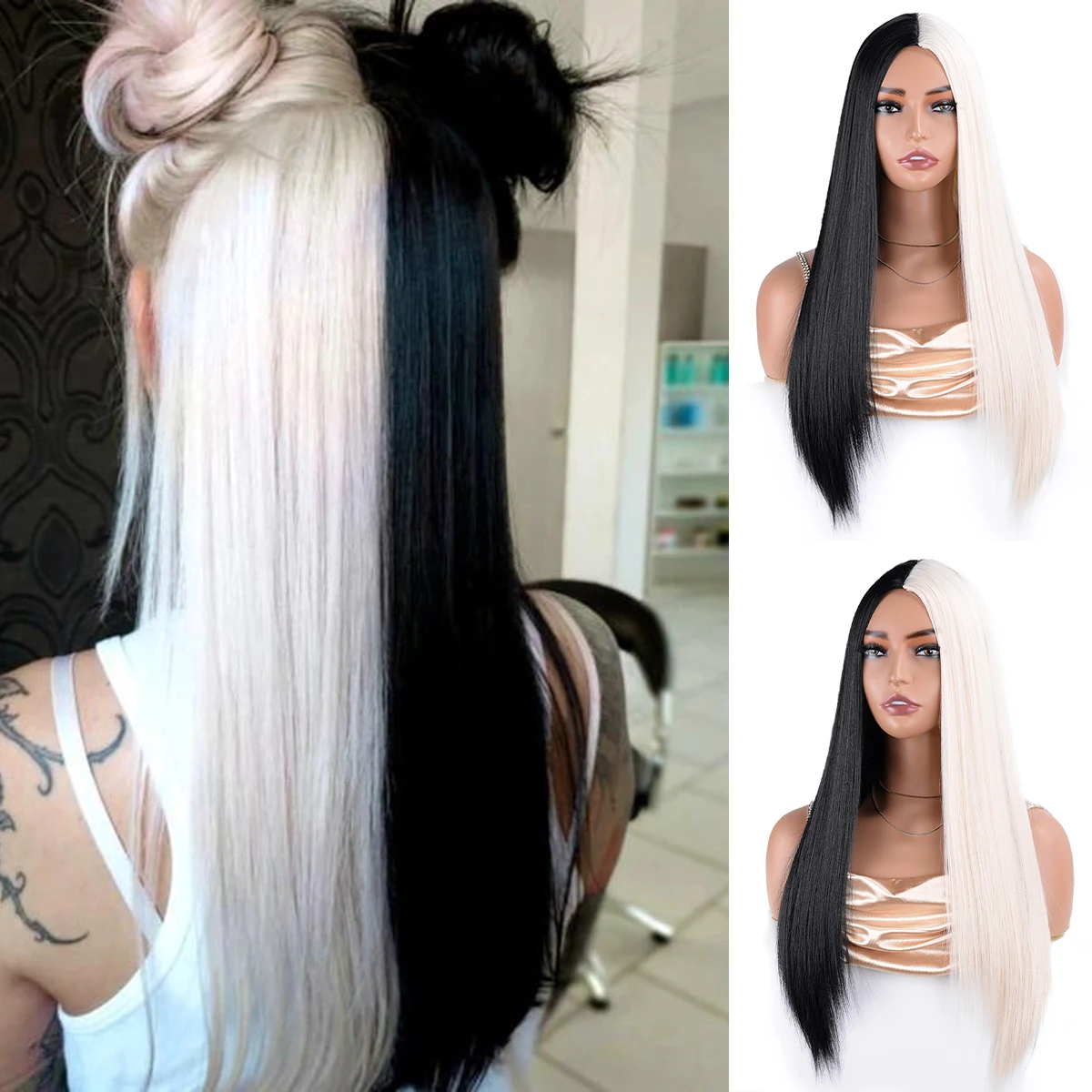 

Half Black Half White Two Tone Cosplay Wig 28Inch Long Straight Bicolor Wigs Hair Middle Parting For Women Daily Party Halloween