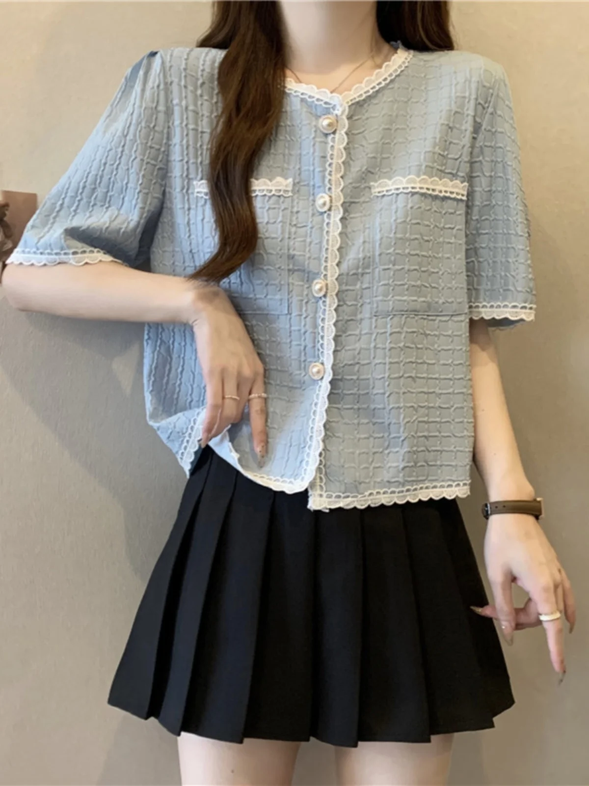 

plus Size Short Sleeve Lace Trim Cardigan Shirt Women's Fashionable Summer Slimming Top for Plump MM Straight Cut Korean Style