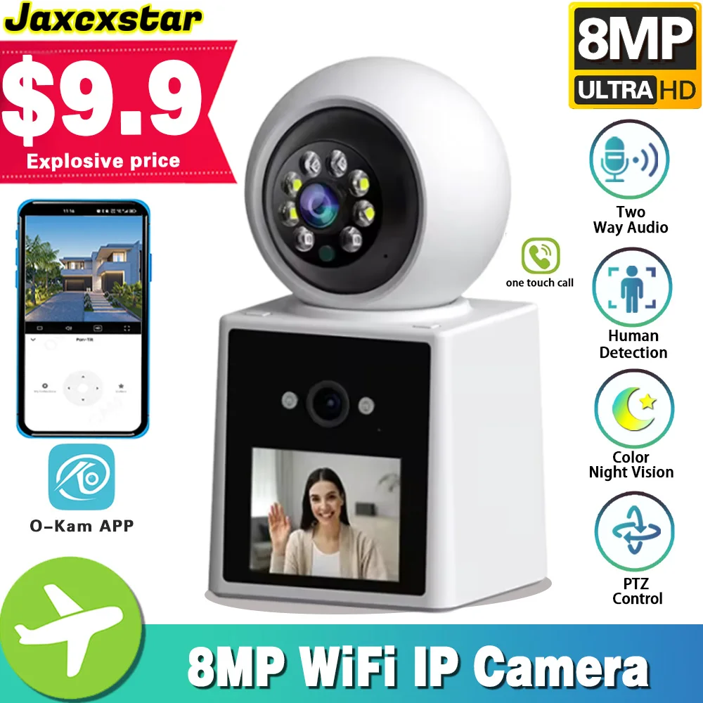 

O-Kam 8MP dual lens dual screen IPS Screen video call response AI Auto Trakcing Two Way Audio indoor security camera