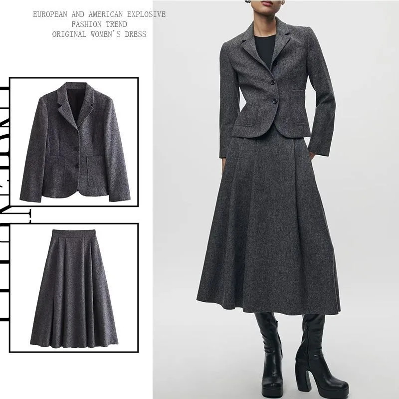 Insozkdg Women Spring New Fashion Elegant Grey Blazer Coat + A-line Midi Skirt Set High Quality Suit Two Piece Sets Female Lady