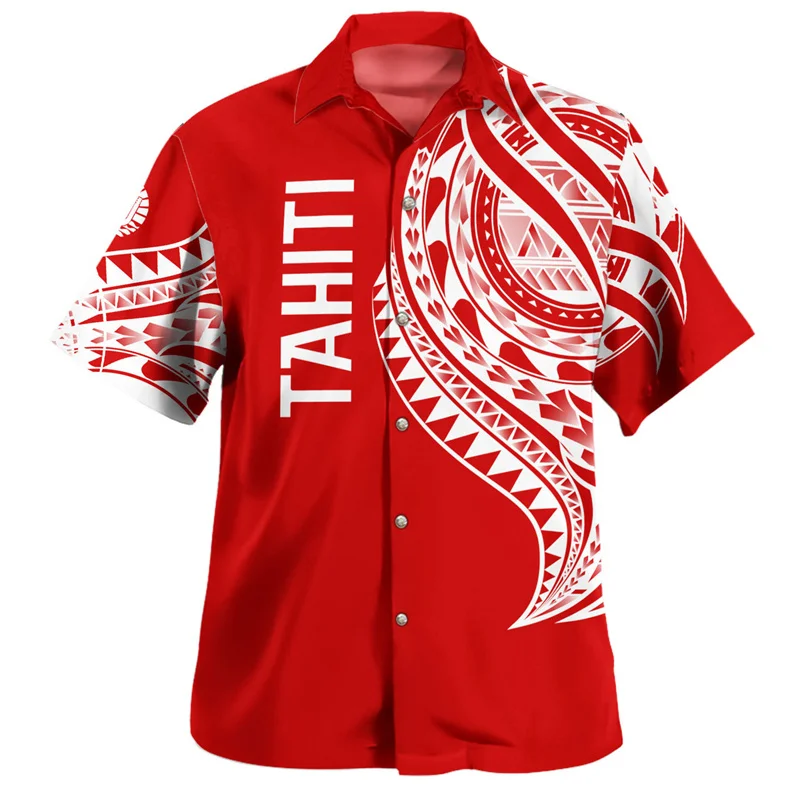 Tahiti Polynesian Hawaiian Shirts For Men Clothes 3d Printed Tahitian Tribal Short Sleeves Lapel Blouse Tops Summer Button Shirt