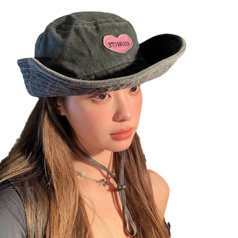 Japanese Denim Washed Cotton Love Alpine Hat Women\'s Spring and Summer Outdoor Hiking Shading Sun Protection Lace-up Bucket Cap