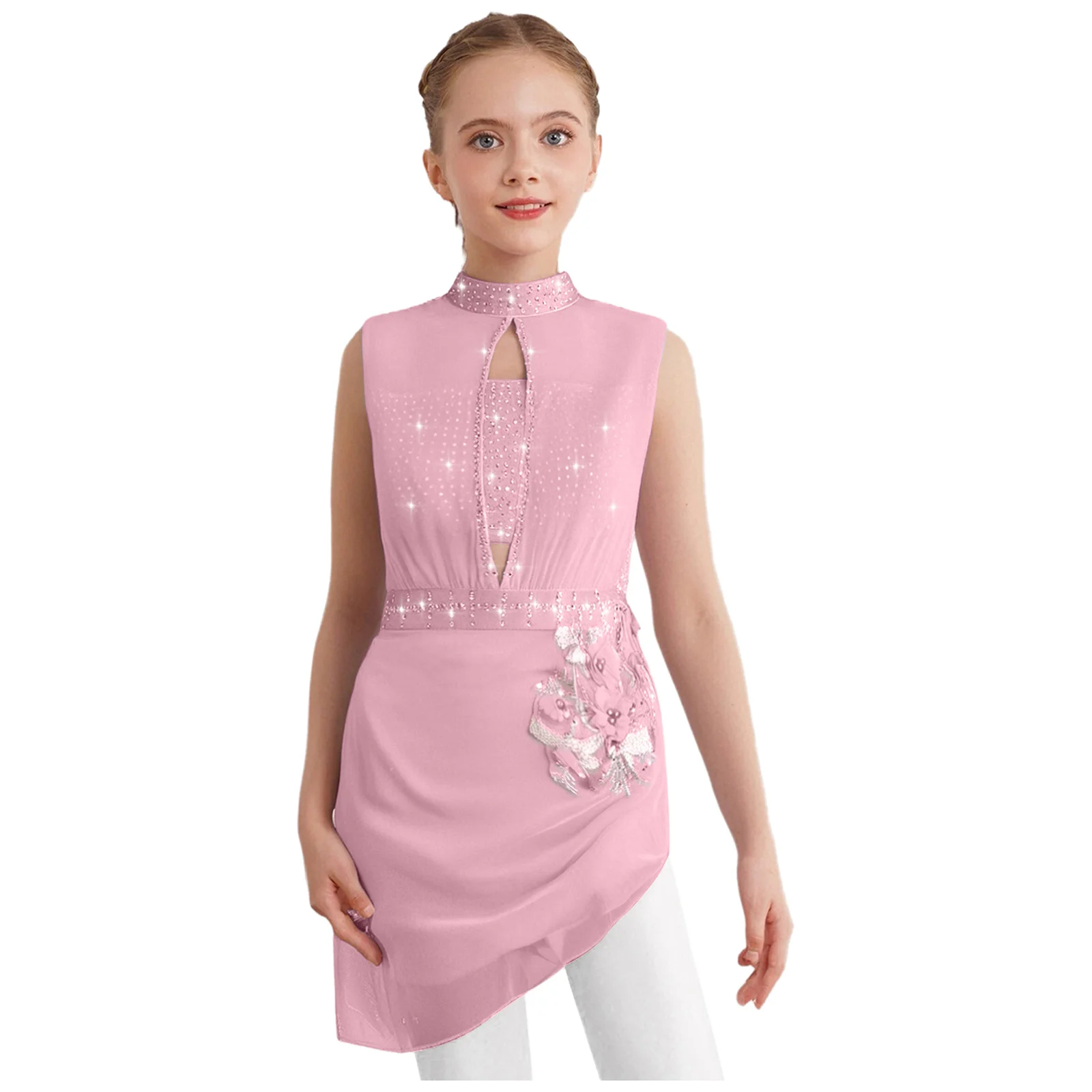 

Kids Girls Figure Skating Dress Sleeveless Cutout Sheer Mesh Shiny Rhinestones Applique Asymmetrical Hem Dress Ballet Dresses