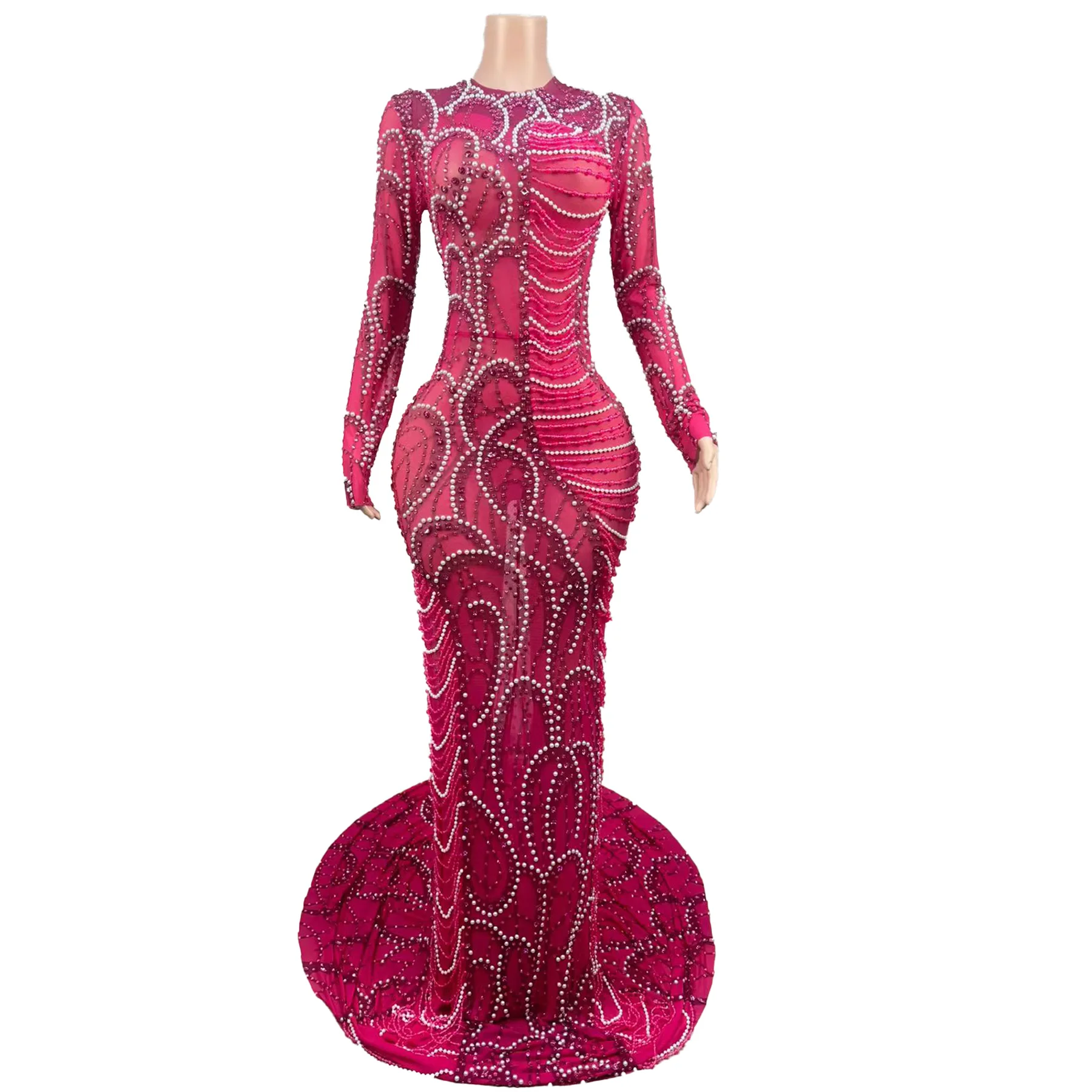 

Yueshi Роскошное женское элитное платье сексуальное перспективное сетчатое платье со стразами и жемчугом на свадьбу, день рождения, новогоднее платье для выпускного вечера