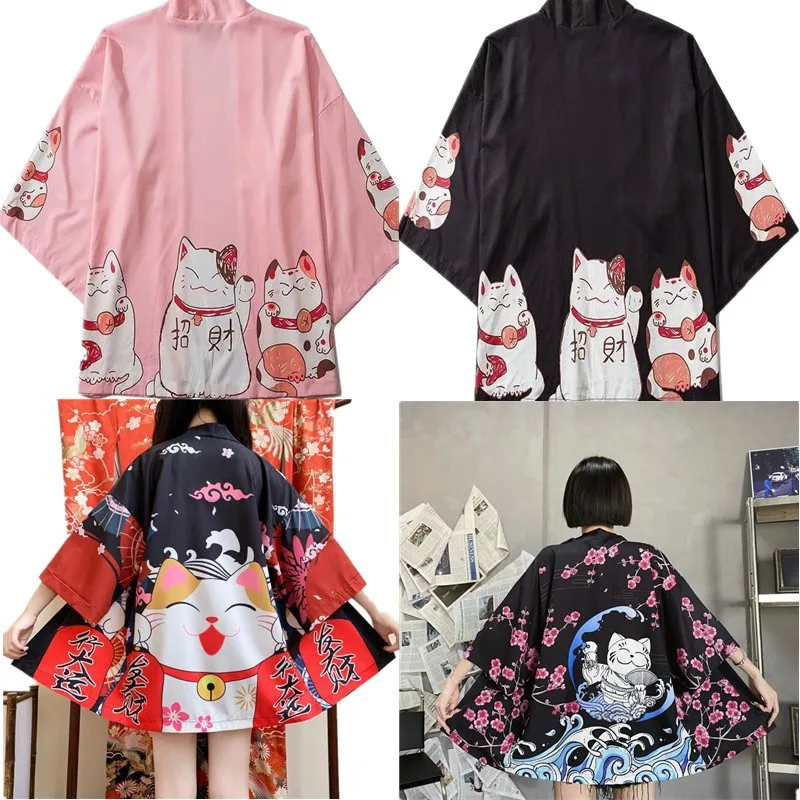 

Japanese Ukiyo-e Chinese Style Lucky Cat Attendant Cat Kimono Cloak Loose Trendy Half Sleeved Cardigan Jacket
