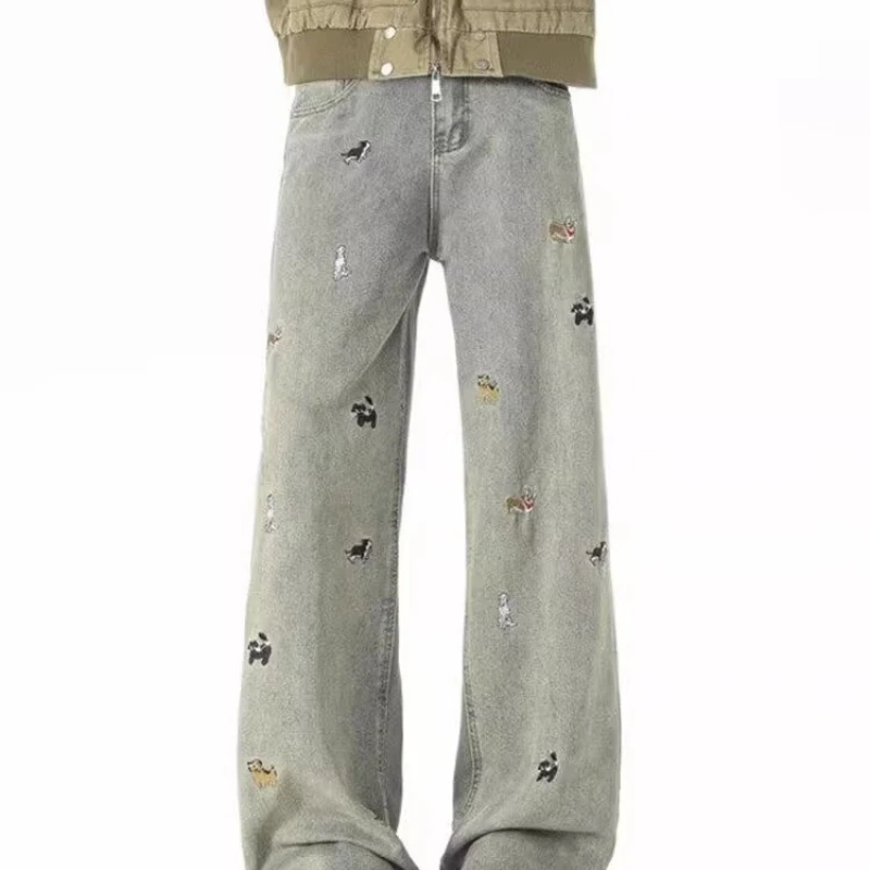 

Embroidered Wash-water Old Wide-leg Jeans for Girls' Spring New Loose Slim Straight Floor Trousers Hosen Shorts Women's Denim