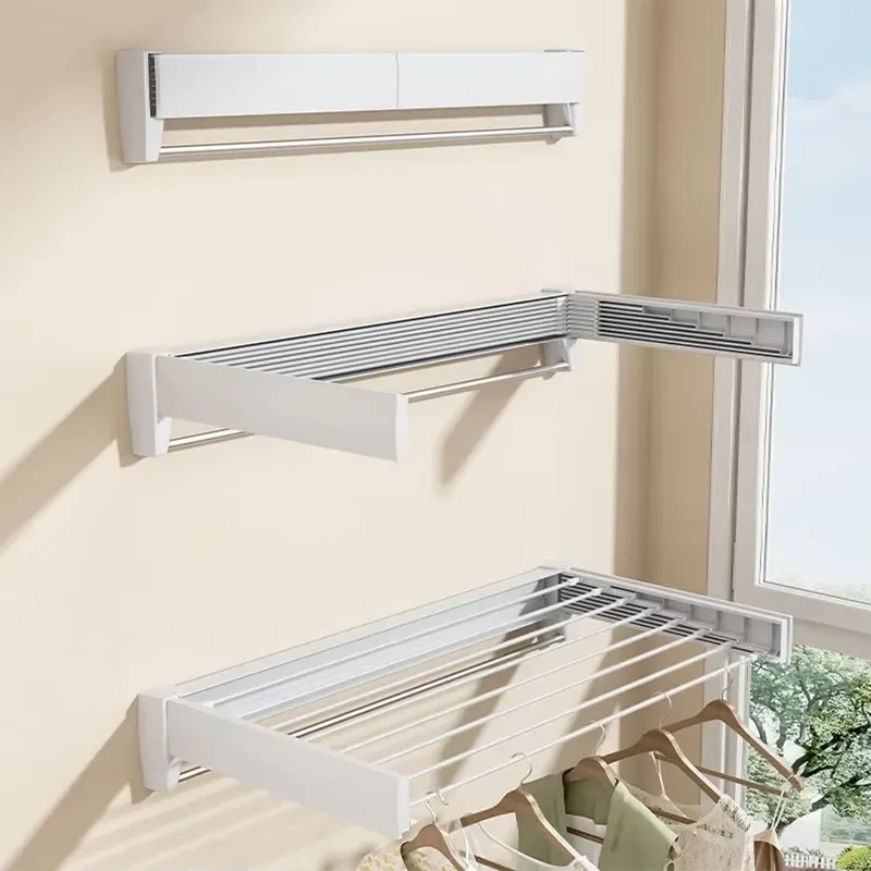 Invisible Towel Rack Folding Wall Mounted Telescopic Clothes Drying Rack for Bathroom Indoor Balcony Bay Window Space Saving