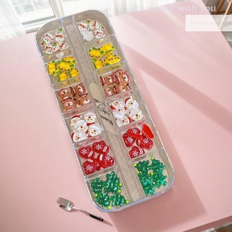 

Christmas Inspired 12 Grid Nail Art Jewels with Cartoon Santa, Elk, Snowman Icons; DIY Resin Nail Decoration