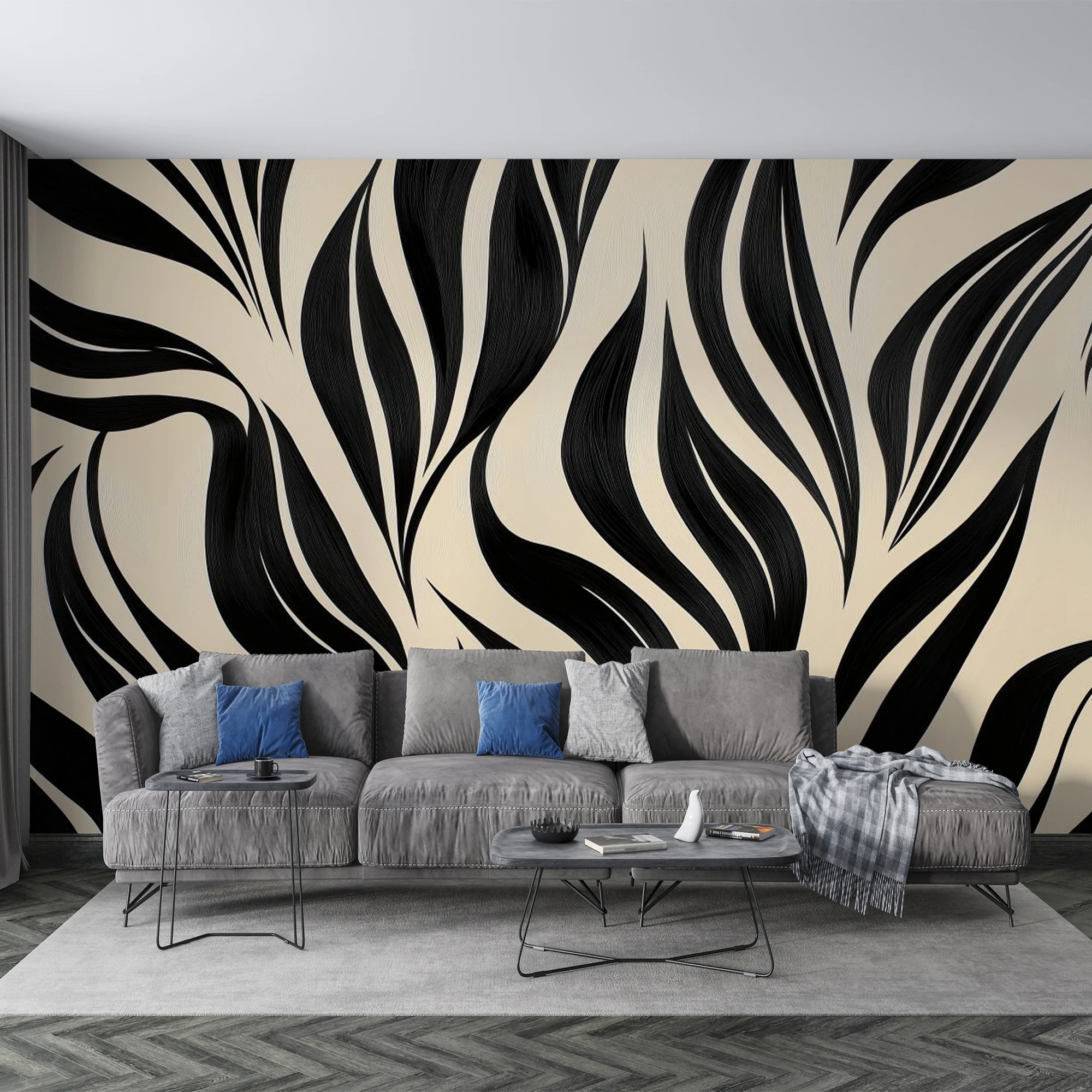 Custom Size Wall Mural Vintage Black Swirl Leaf Wallpaper, Minimalist Abstract Line Plant l for Home Background Wall Decoration